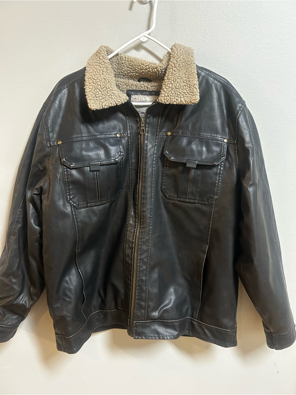Whispering Smith Mens XL Faux Leather Sherpa Lined Jacket Brown Y2K Workwear